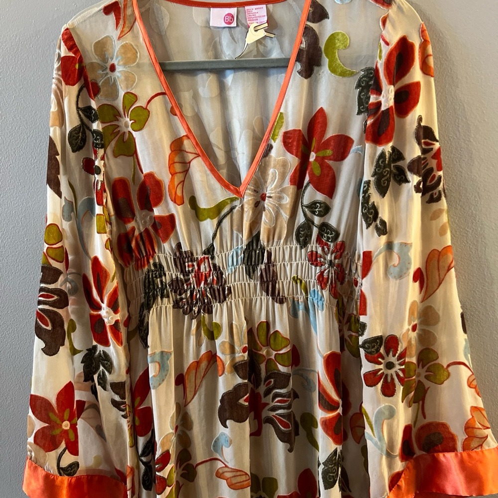 Bb Dress100% Silk wavy sleeves and sheer floral embroidery Sz M Multicolor F - Picture 3 of 15